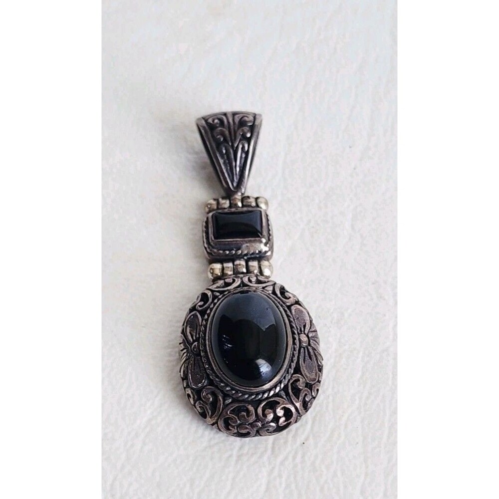 Black Onyx Two Stone Ornate Hinged 925 Sterling Silver Pendant 1.95"